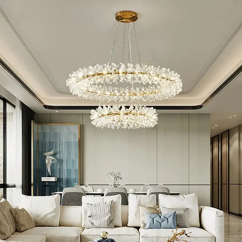 Gold-toned decorbites crystal chandelier flower with double rings and crystal-like embellishments for indoor luxury lighting