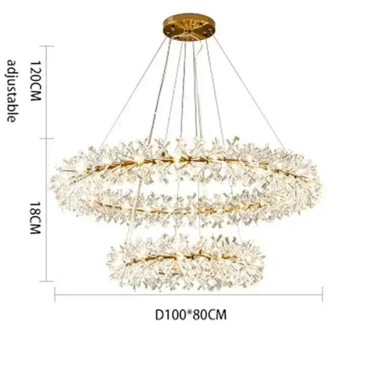 Gold-toned decorbites crystal chandelier with three tiers of crystal chandelier flower clusters for indoor luxury lighting