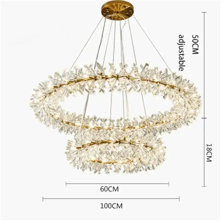 Gold-toned decorbites crystal chandelier featuring double rings with sparkling crystal shards for indoor luxury lighting