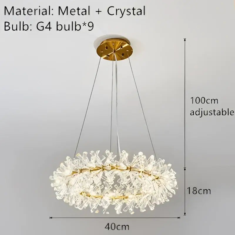 Elegant gold-toned decorbites crystal chandelier flower with circular design, clear crystals, and nine G4 bulbs for indoor use
