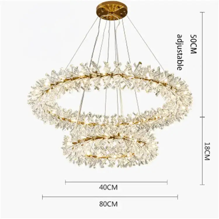 Gold-toned decorbites crystal chandelier flower with double rings and crystal leaf accents for indoor luxury lighting