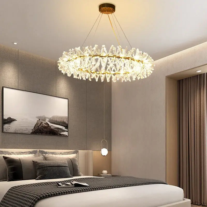 Decorbites crystal chandelier flower luxury round rings hang lamp with gold frame and clear faceted crystals for indoor use