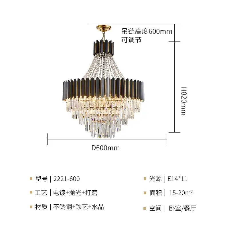 DecorBites crystal chandelier with tiered black and clear crystals and brass finish for modern hotel villa and home decor