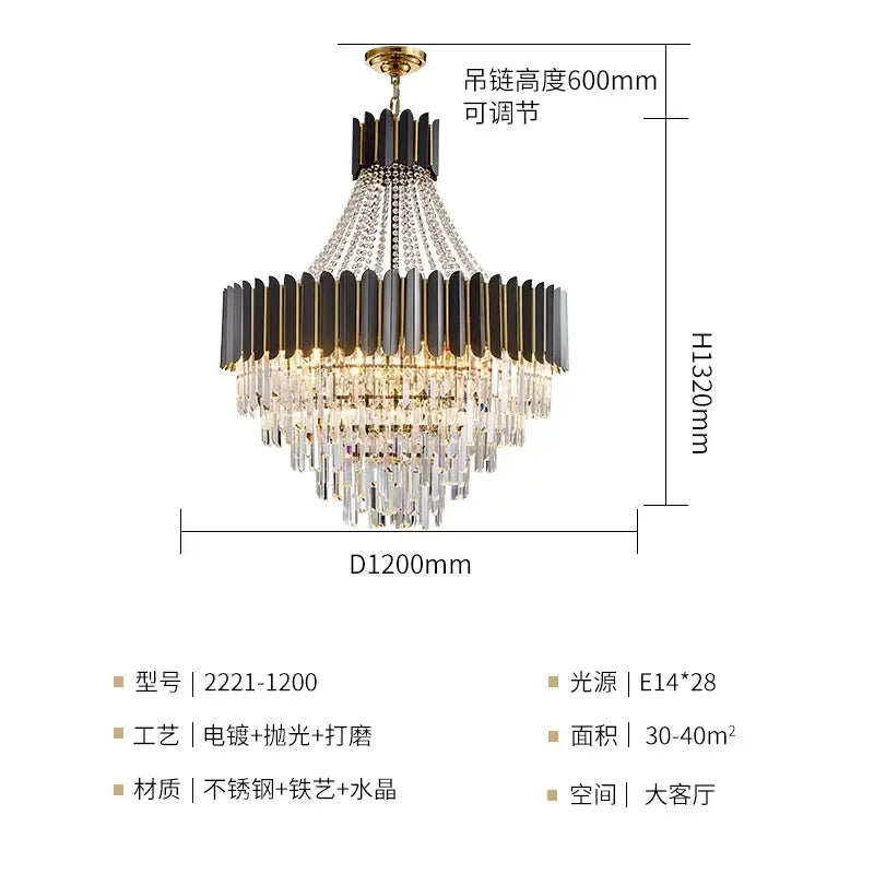 Elegant black and gold decorbites crystal chandelier with cascading crystal droplets for modern duplex living spaces