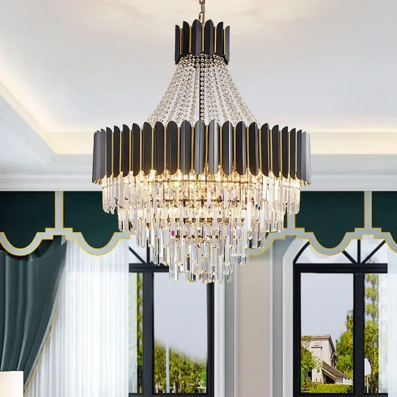 Elegant black and gold decorbites crystal chandelier with cascading crystal droplets for modern duplex living