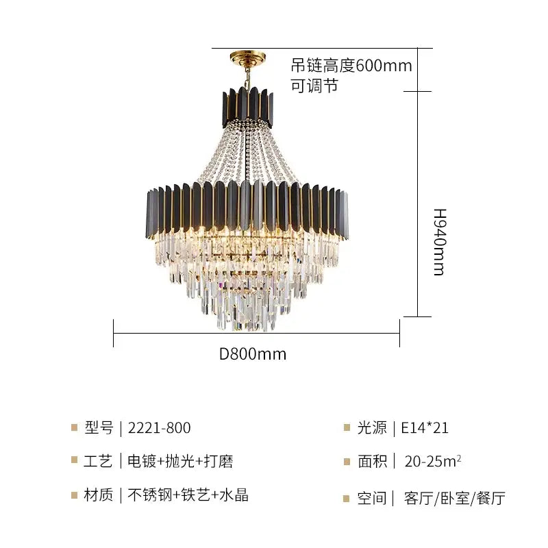 A decorbites crystal chandelier with tiered black and gold metal accents cascading crystal droplets and adjustable brass chain