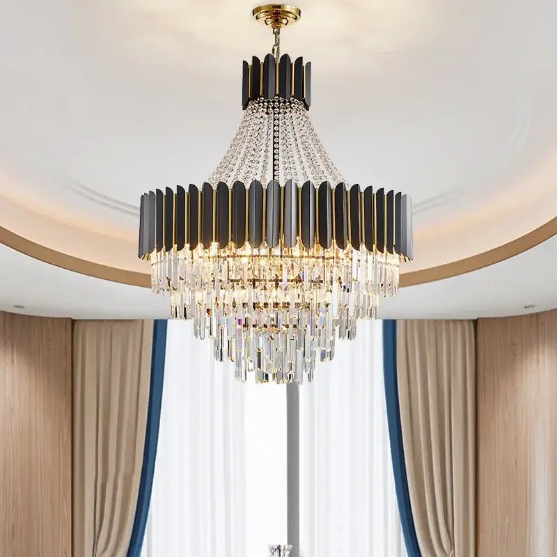 Elegant black and gold decorbites crystal chandelier with cascading crystal droplets for duplex, hotel, villa, and home