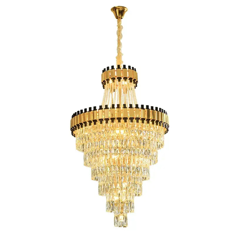 Golden decorbites crystal chandelier with cascading clear crystal prisms and polished brass for villa hotel lighting