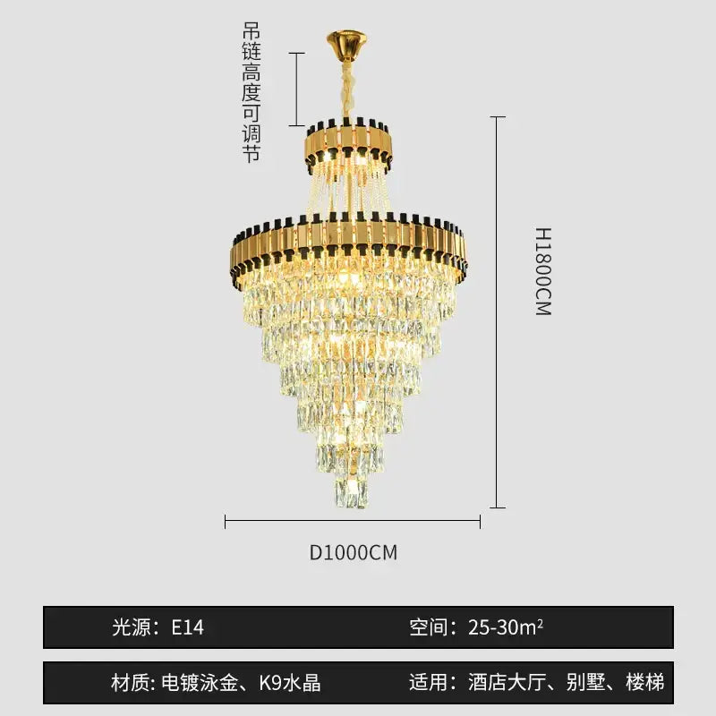 Gold-finished decorbites crystal chandelier with clear crystal droplets and black accents for luxury hotel and villa lighting