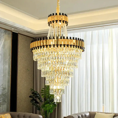 Golden tiered decorbites crystal chandelier with cascading crystal prisms for duplex villa hotel club lighting