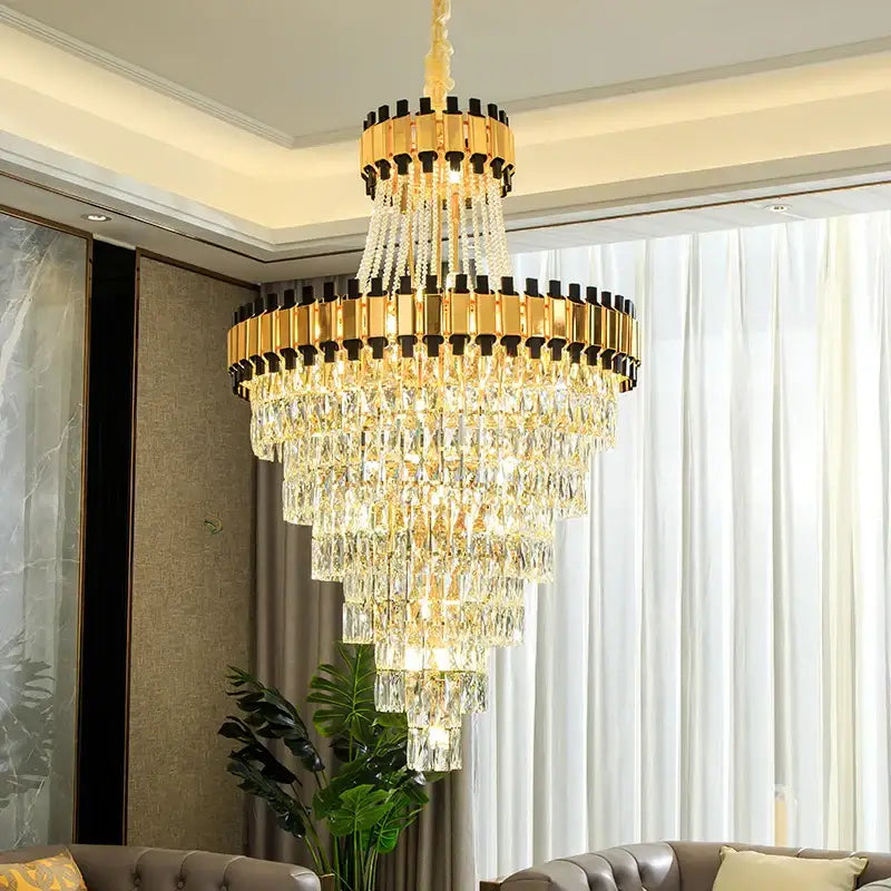 Golden tiered decorbites crystal chandelier with cascading crystal prisms for duplex villa hotel club lighting