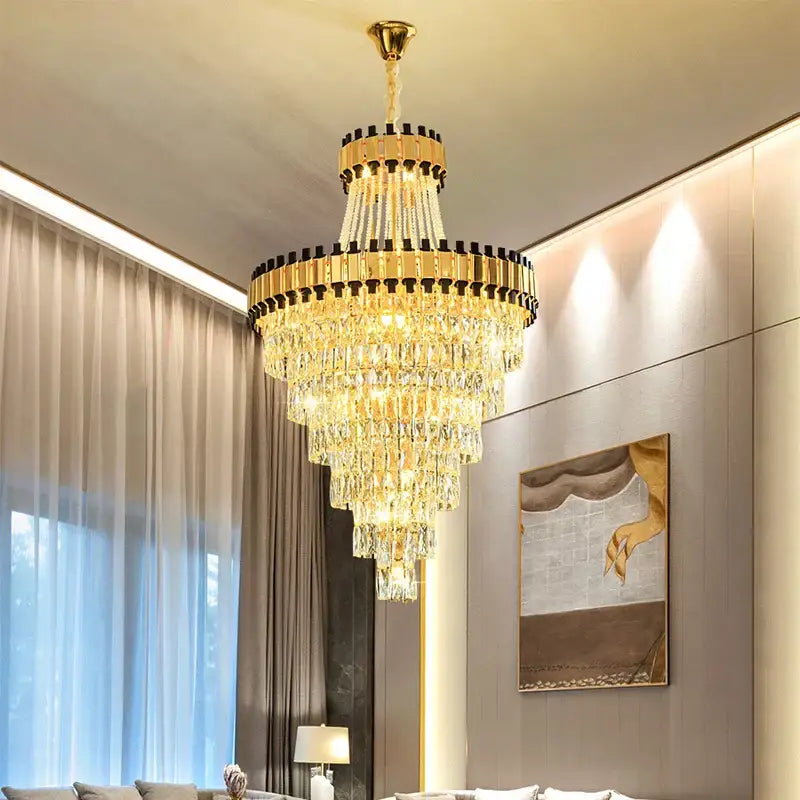 Golden decorbites crystal chandelier with cascading crystal tiers and black-accented rings for duplex villa lighting