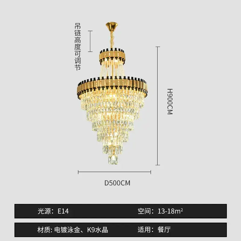 Gold-plated decorbites crystal chandelier with multiple tiers of clear crystal droplets for dining rooms and halls