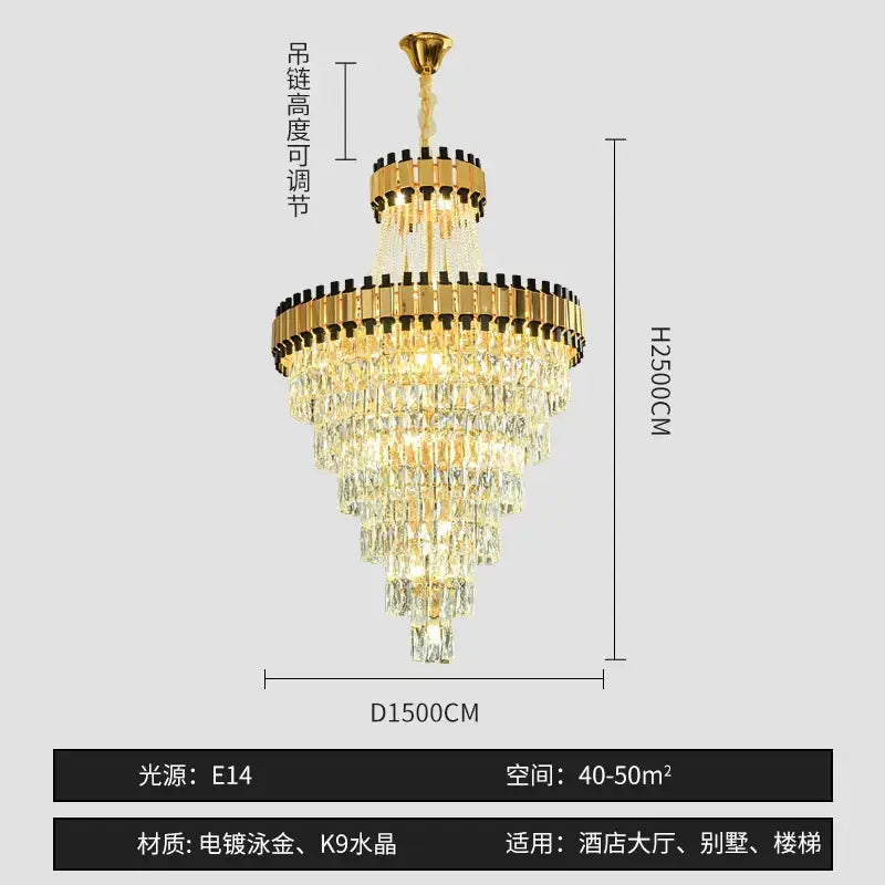 Gold-toned decorbites crystal chandelier with clear crystal droplets black accents and adjustable chain for duplex villa lighting