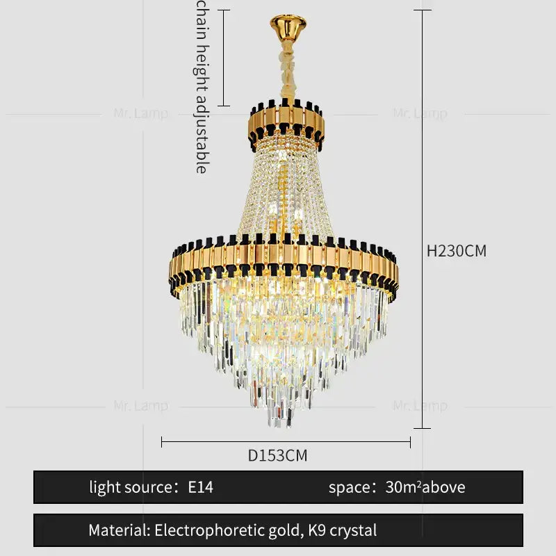 Gold-toned DecorBites crystal chandelier with cascading K9 crystal prisms and tiered design for duplex villa living room