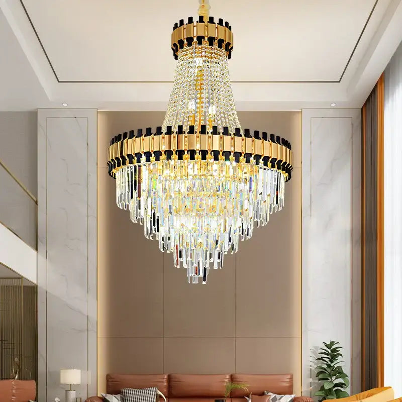 A luxurious gold and crystal decorbites crystal chandelier with clear glass prisms for duplex villa living room with dimming