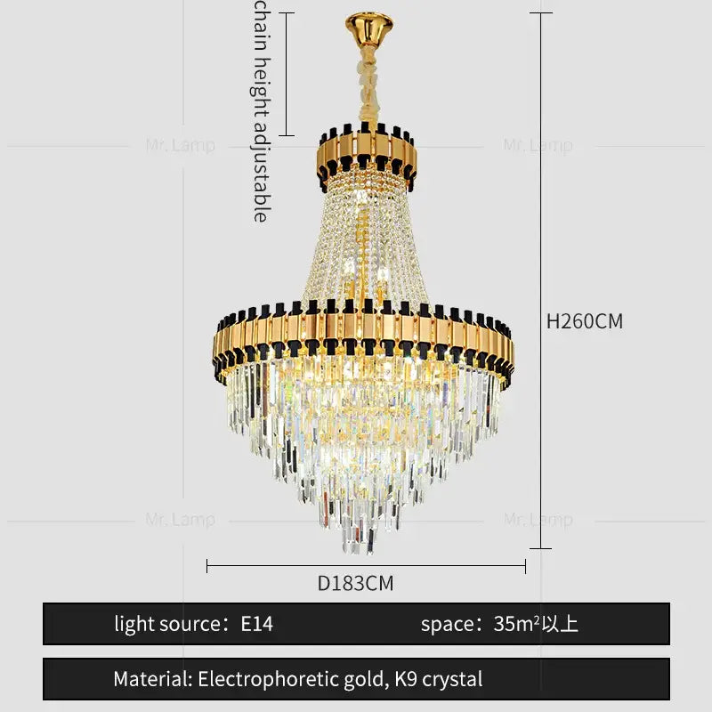 Elegant gold and crystal tiered decorbites crystal chandelier with cascading k9 crystals for duplex villa living room