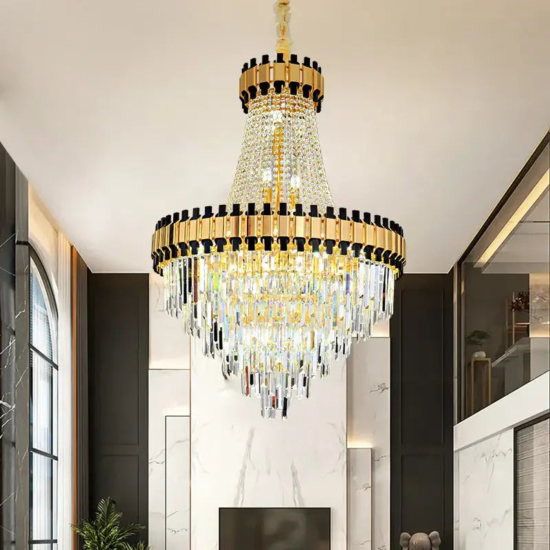 Decorbites crystal chandelier with cascading clear prisms gold and black accents for duplex villa living room lighting