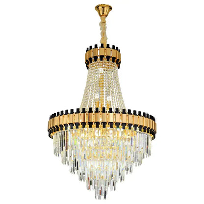 Gold-toned decorbites crystal chandelier with cascading clear prisms and black rings for duplex villa living room