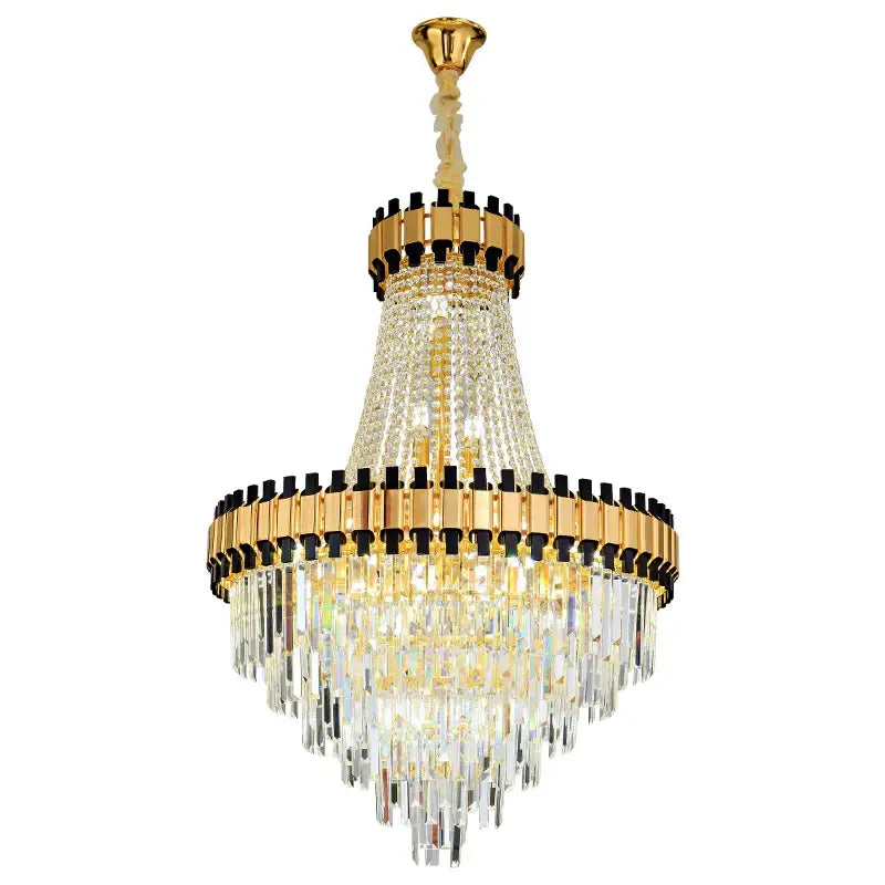 Gold-toned decorbites crystal chandelier with cascading clear prisms and black rings for duplex villa living room
