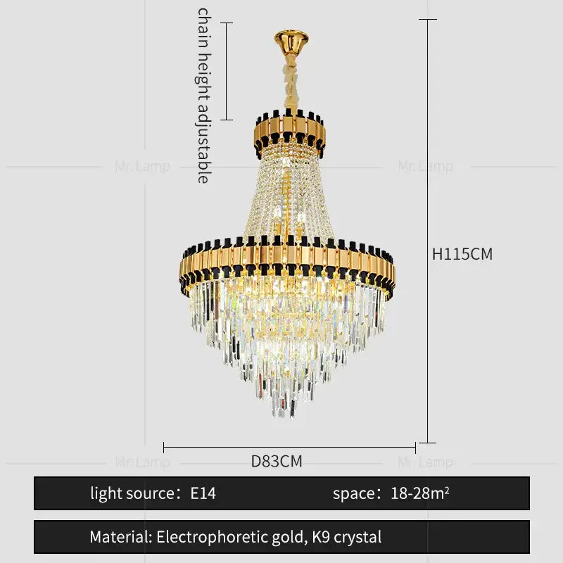 Decorbites crystal chandelier gold-toned with cascading k9 crystal prisms and black-accented tiers for duplex villa living room