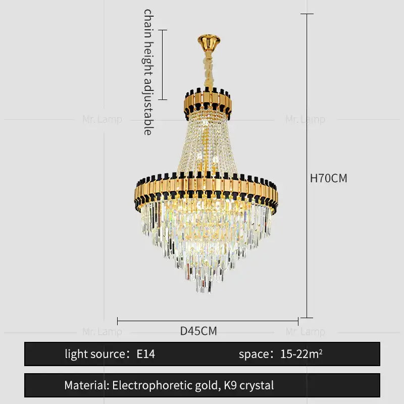 Gold-toned DecorBites crystal chandelier with cascading K9 crystal prisms and tiered design for duplex villa living room