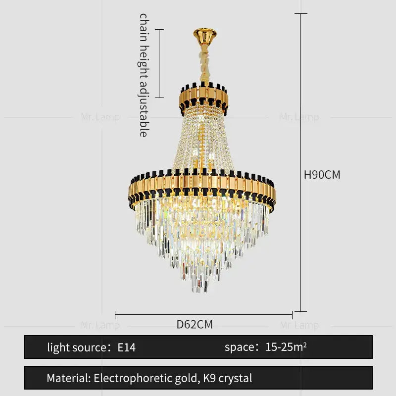 Gold decorbites crystal chandelier with cascading k9 crystal prisms and black-accented tiers for duplex villa living room