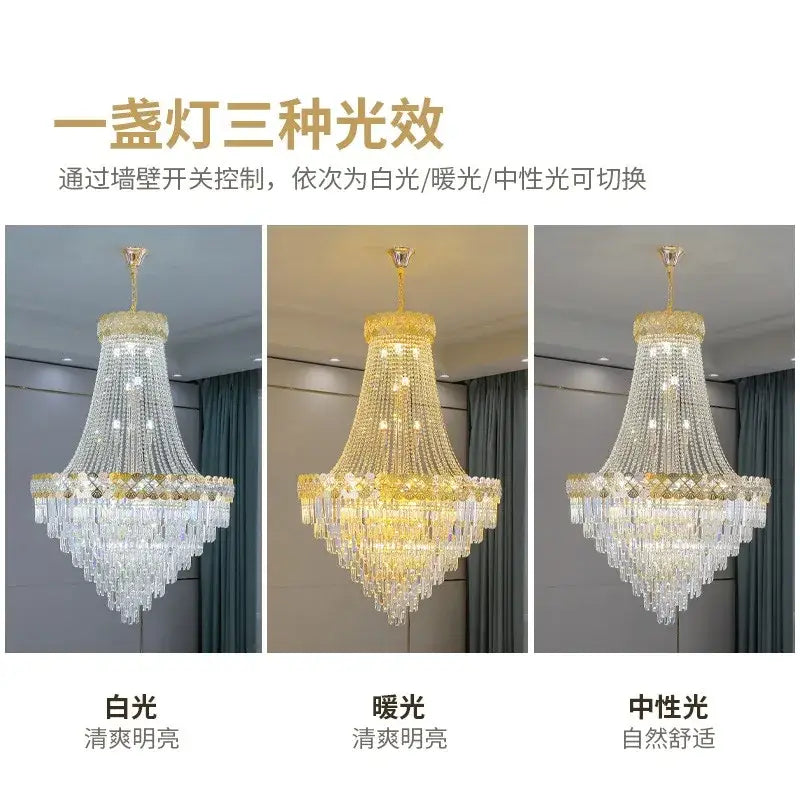 A luxurious gold-toned decorbites crystal chandelier with cascading clear faceted crystals for villa living rooms