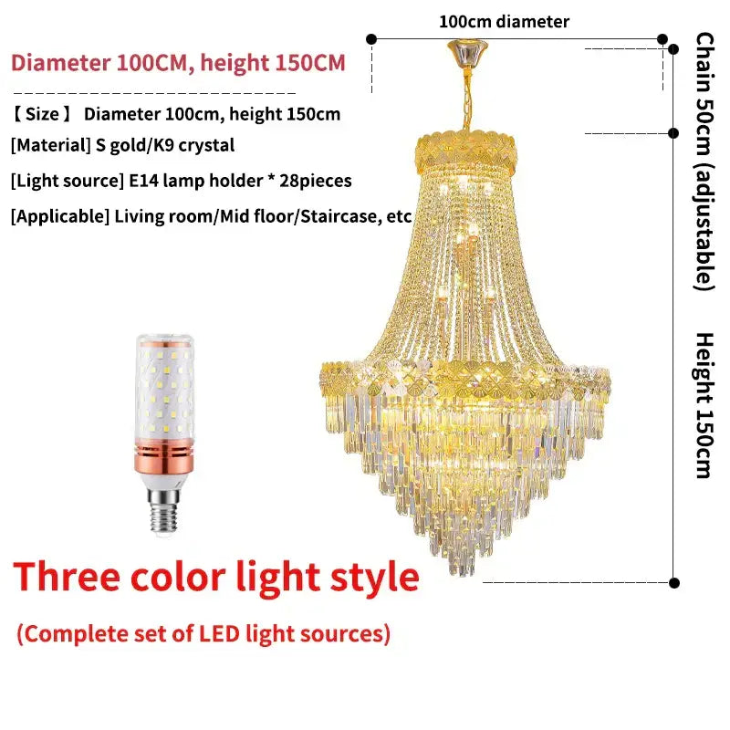 Luxurious decorbites crystal chandelier with gold frame and clear crystals 100cm diameter for duplex and villa living rooms