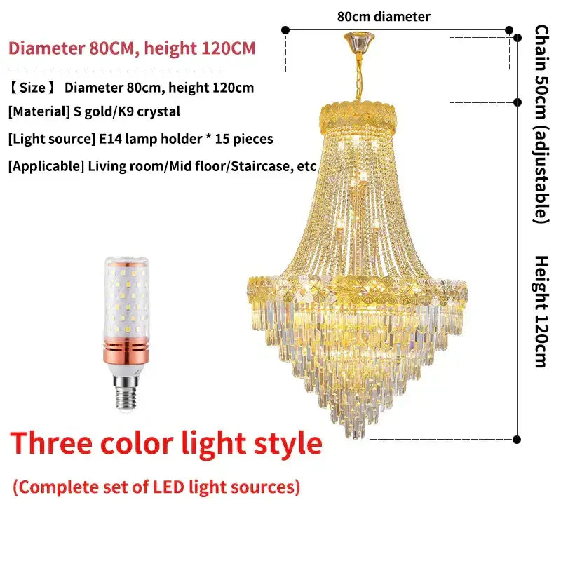Gold-toned decorbites crystal chandelier with cascading k9 crystal strands for elegant duplex and villa lighting