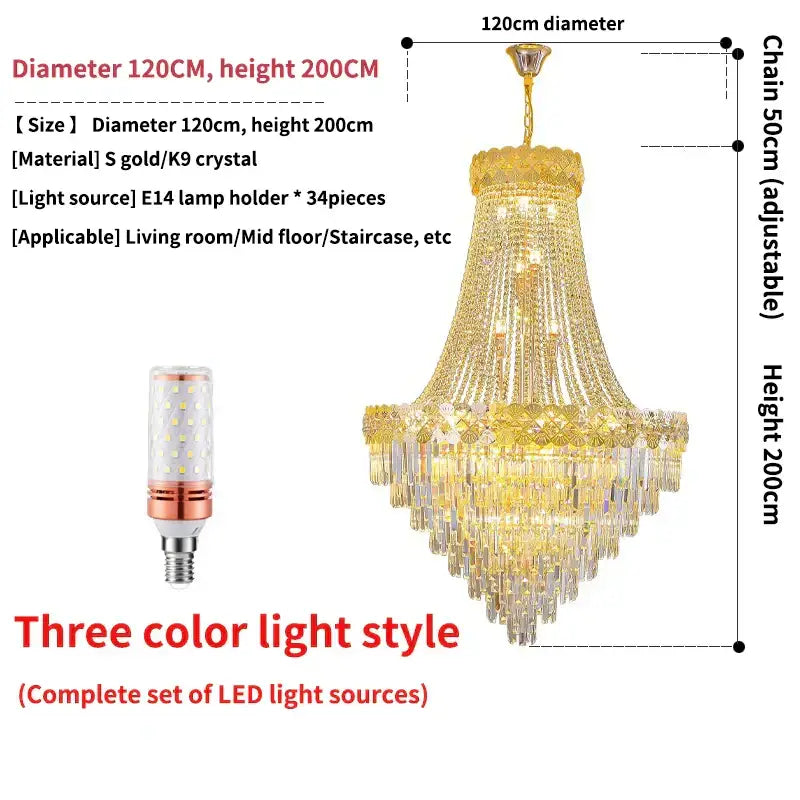 DecorBites crystal chandelier with cascading K9 crystal strands and gold metal frame for duplex and villa living rooms