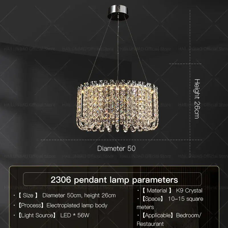 DecorBites crystal chandelier featuring a circular k9 crystal design with electroplated metal frame and LED lighting