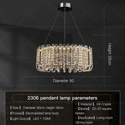 Elegant circular decorbites crystal chandelier with cascading k9 crystal strands and electroplated metal frame for European living spaces