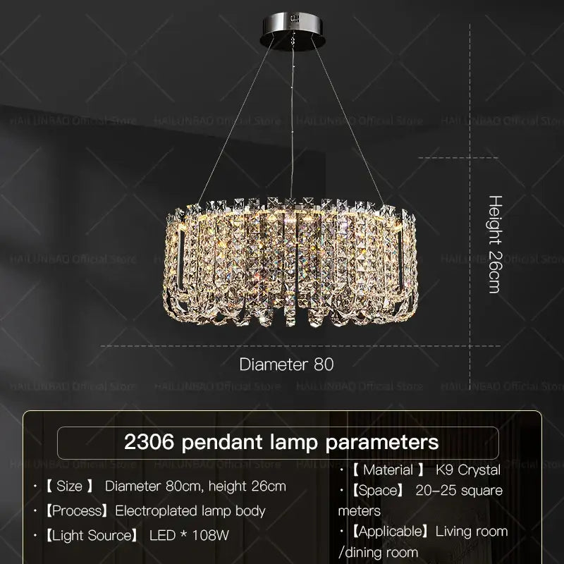 Elegant circular decorbites crystal chandelier with cascading k9 crystal strands and electroplated metal frame for European living spaces