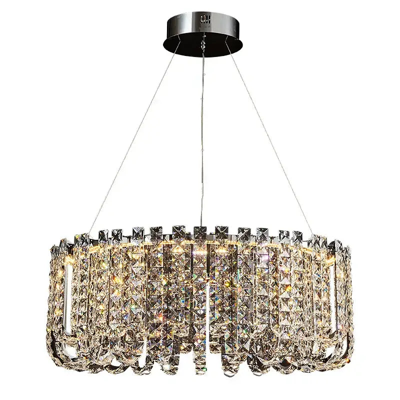 Decorbites crystal chandelier with sleek chrome mount and cascading clear crystals for elegant european living spaces