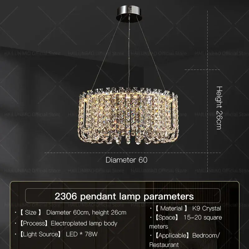 A decorbites crystal chandelier featuring a sparkling k9 crystal circular design with an electroplated metal frame for modern interiors