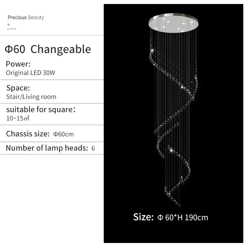 A modern decorbites crystal chandelier with a circular chrome top and spiral clear crystal beads for high ceilings