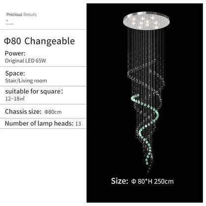 Elegant decorbites crystal chandelier with silver spiral design and cascading clear and mint-green crystal beads for high ceilings