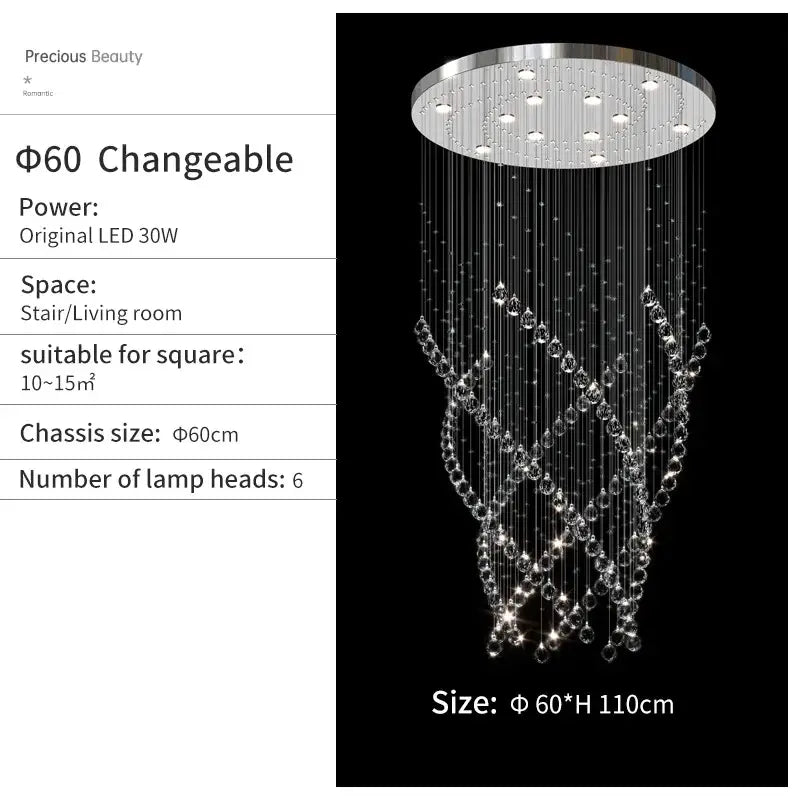 A decorbites crystal chandelier with a circular chrome fixture and cascading clear crystal beads for high ceilings