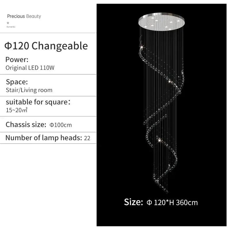 A sleek modern decorbites crystal chandelier with a circular chrome top and cascading clear crystal beads for high ceilings