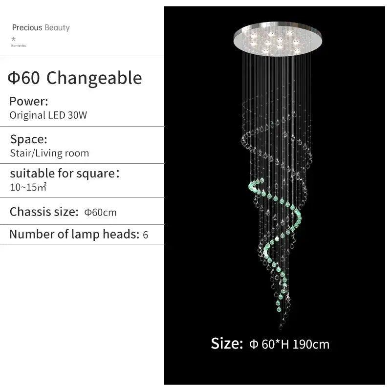 A modern DecorBites crystal chandelier with a metallic frame and cascading clear and light green crystals in spiral design
