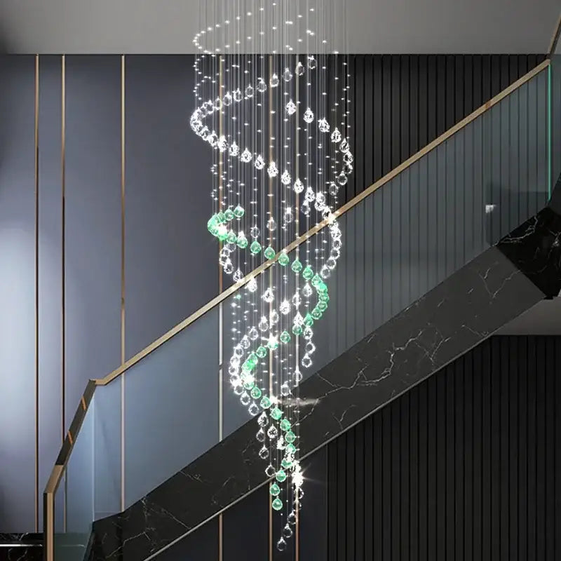 Decorbites crystal chandelier with clear and emerald green crystals in a spiral design for high ceilings living room