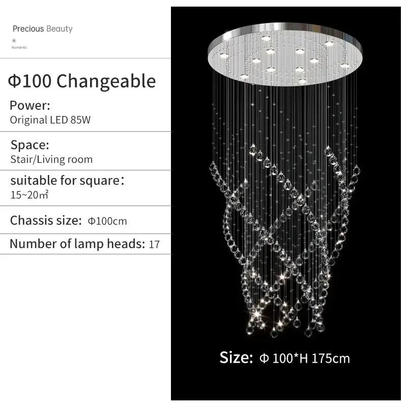 A decorbites crystal chandelier with a circular chrome fixture and cascading clear faceted crystals for high ceilings