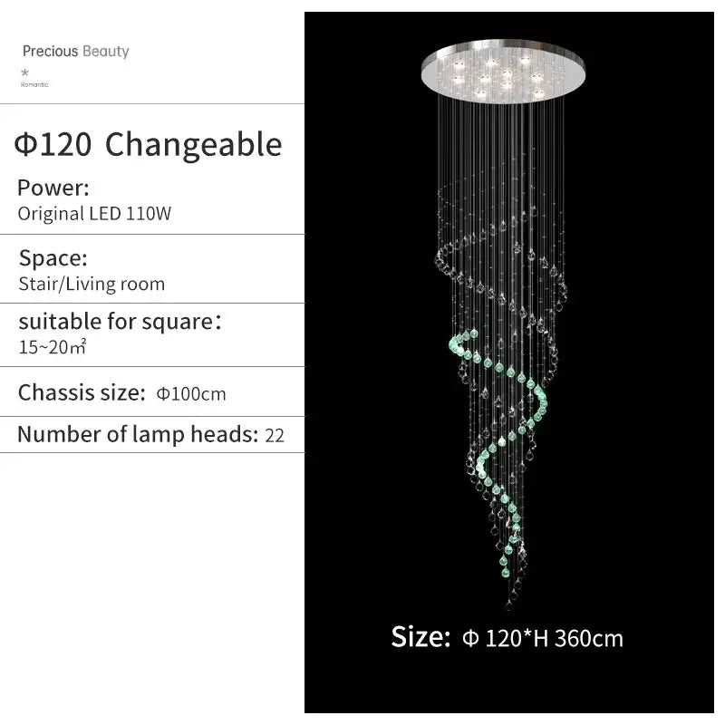 A decorbites crystal chandelier with a modern luxury spiral design featuring chrome and green crystal beads for high ceilings