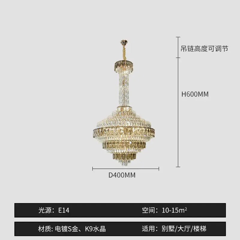 DecorBites crystal chandelier multi-tiered gold-plated with k9 crystals for elegant duplex living rooms