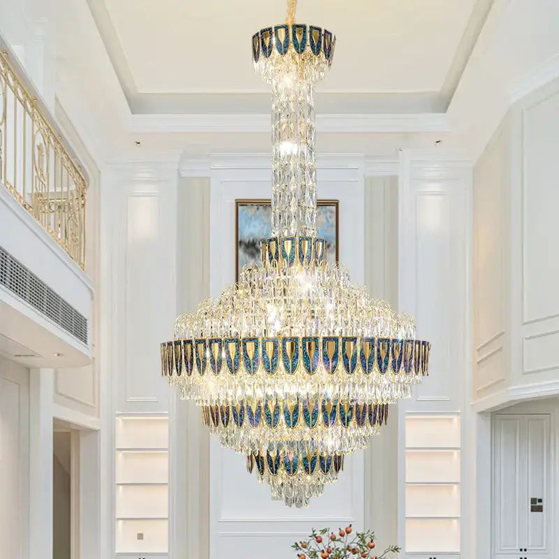 DecorBites crystal chandelier with cascading clear and iridescent blue glass prisms for designer duplex living room