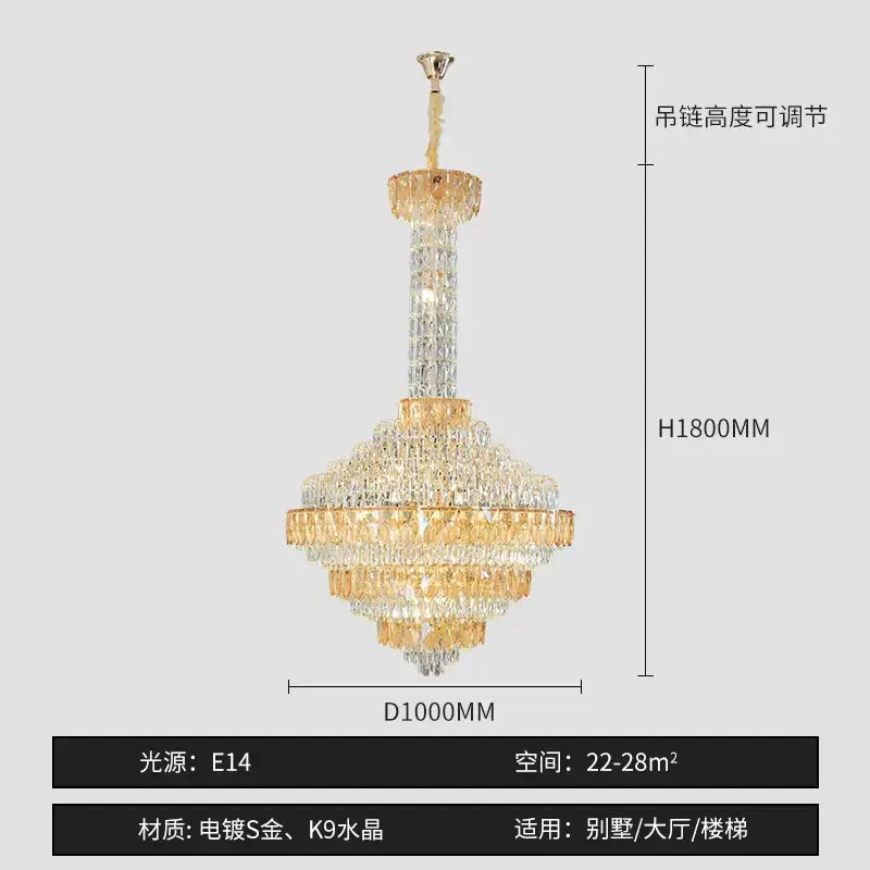 Decorbites crystal chandelier with clear and golden crystals on gold-plated frame for designer duplex living room