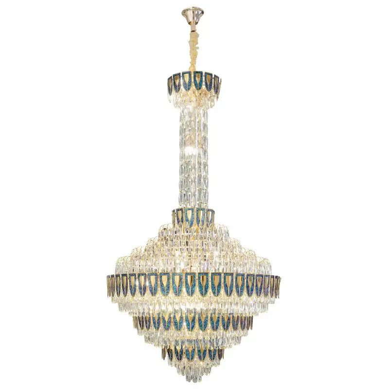 Elegant decorbites crystal chandelier with multi-tiered design gold accents and blue-tinted glass for duplex living room