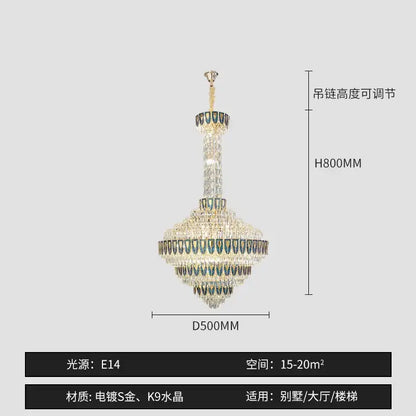 Decorbites crystal chandelier with gold-plated finish and k9 crystals featuring adjustable height for duplex living rooms