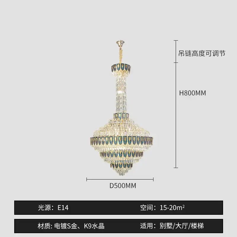 Decorbites crystal chandelier with gold-plated finish and k9 crystals featuring adjustable height for duplex living rooms